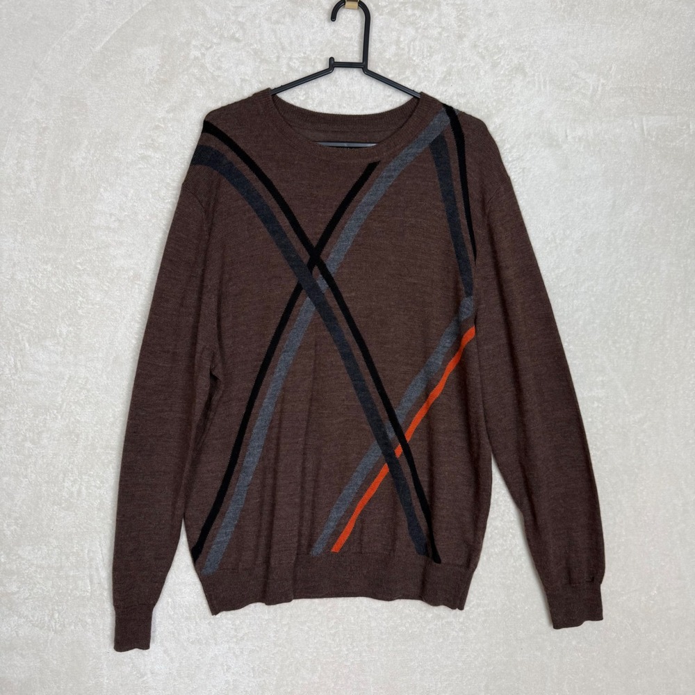 Men's Merino‎ Wool Sweater Brown Abstract Lines Minimal Dark Academia Size L